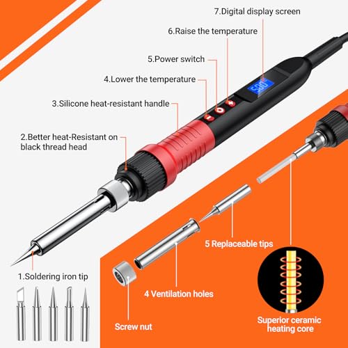 Preciva Soldeerboutset, 80 W, 220 V, soldeerset, instelbare temperatuur 220 °C ~ 500 °C, 5 stuks, soldeerpunt, draad 30 g, voor het solderen van kleine huishoudelijke apparaten, mobiele telefoons enz. - Afbeelding 4