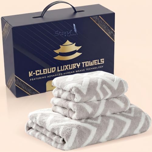 Image of Story@Home K-Cloud Luxury Bath Towel Set for Gifting, Korean Designer Towel,500 GSM, Microfiber Ultra Soft, Quick Dry 3X More Absorbent Than Cotton Towels, 1 Bath & 2 Hand Towels, Gift Box, Set 3-Grey