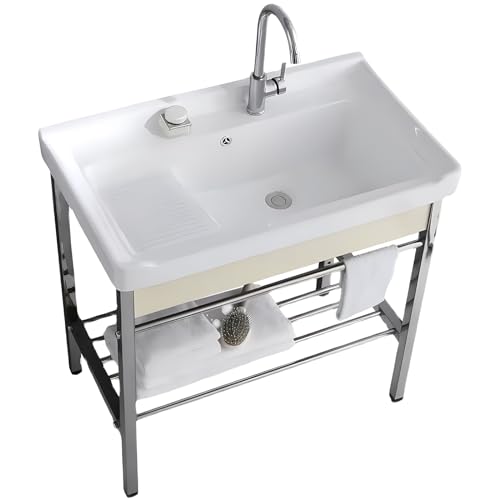 Fregadero independiente de cerámica, lavabo vertical de metal de acero inoxidable, estante de almacenamiento para lavabo de tocador para lavadero, sótano, garaje (60 cm (23,6 in), blanco), 3962671