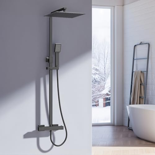 Heilmetz Duschsystem Schwarz Duschsystem mit Thermostat Regendusche Duschset, 304 Edelstahl Duschsäule mit Kopfbrause und Handbrause, Eckig 20x20cm Regenbrause HöHenverstellbar Duschstange 800-1180mm