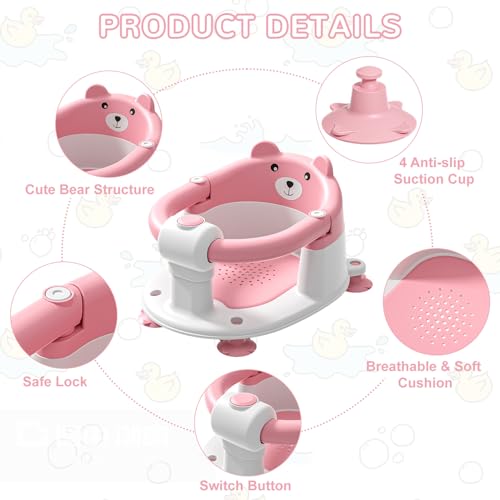Baby Bath Seat for Babies 6 Months & up, Non-Slip Toddler Bath Seats for Babies Sitting Up, Safe Infant & Newborn Bathtub Chair with 4 Suction Cups & Soft Cushion for Shower,Pink - Thumbnail 3