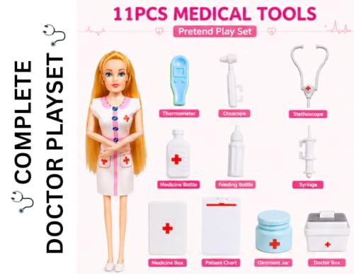 Image of BKDT Marketing Doctor Doll Playset for Girls, Doctor Nurse Doll & 11 Medical Accessories, Pretend Play Medical Kit, Educational Role Play Toy, Birthday Gift for Kids Age 3 4 5 6 Years