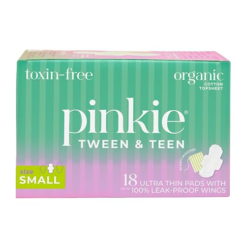 Pinkie Period Starter Pads - Designed for Smaller Underwear - Organic Cotton Topsheet Tween & Teen Pads with Wings - Chlorine Free & Fragrance Free - Teen Small, 18 Count