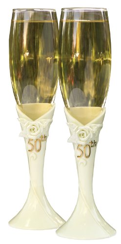 Hortense B. Hewitt Wedding Accessories 50th Pearl Rose Anniversary Champagne Toasting Flutes, Set of 2