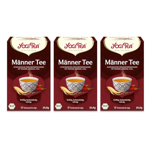 Yogi Tea - Männer Tee, Ayurvedischer Bio Gewürzteevon Natur aus Koffeinfrei, Mischung aus gerösteten Kräutern und Gewürzen, Ginseng, Chili und Muskatblüte, 3x17 Beutel (51 Teebeutel insgesamt)