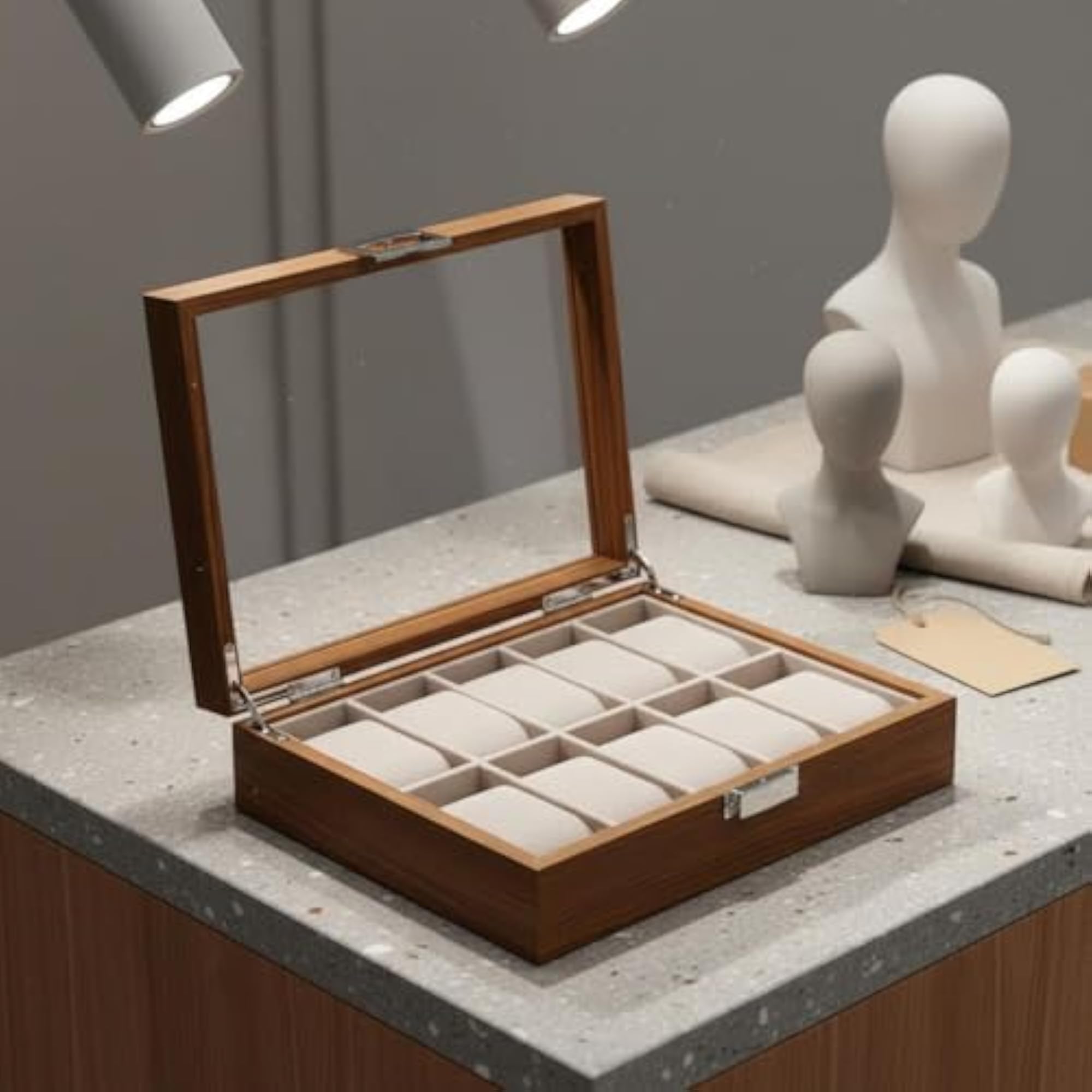 Walnut Watch Box with Glass Lid, 12 Slots