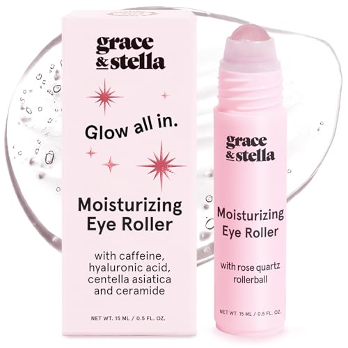 grace & stella Under Eye Brightener with Rose Quartz Rollerball - Centella Asiatica & Caffeine Under Eye Serum for Dark Circles & Puffiness - Travel Essentials, Gifts for Women, Vegan (15ml/0.51floz)