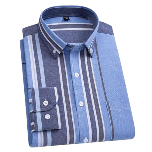 Men Plaid Casual Oxford Shirt Lapel Long Sleeve Pocket Striped Business Dress Shirt