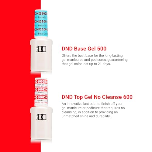DND Base and Top Gel Polish No Cleanse Set, UV/LED Base 500 and Top Coat 600, Professional Duo, 0.5 Fl Oz Each