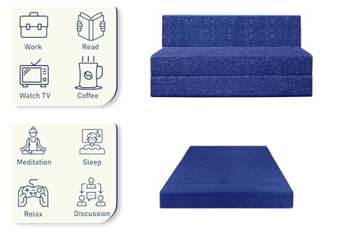 Image of Foldable 2 Seater Sofa Cum Bed, Sofa Bed 4 X 6 Feet, Jute Fabric- Washable Cover- Including Two Cushion Perfect for Home & Office - Blue Color