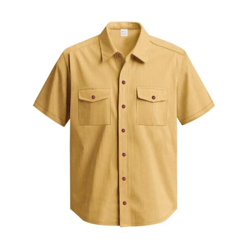 Generisch Camisa de manga corta para hombre con rayas de pana para actividades deportivas, trabajo al aire libre, uso diario y ocio, amarillo, XXL