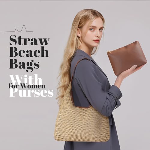 Image of Straw Beach Bags for Women- Beach Bags for Women, Mesh Tote Bag Leather Hobo Purse with Pouch for Vacation, Travel Essentials