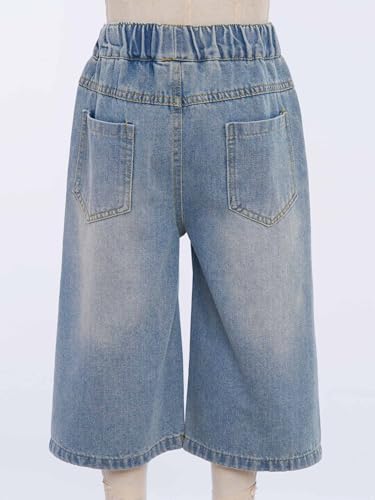 Kids Girls Pull On Cropped Denim Pants High Waist Straight Wide Leg Jeans Trousers with Patch Pockets4