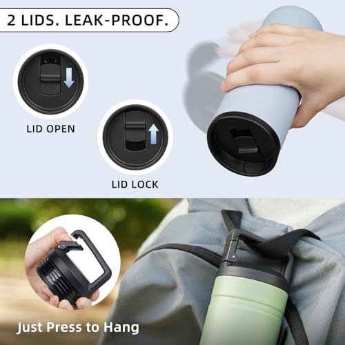 Image of BJPKPK 20 oz Insulated Travel Water Bottle, Coffee Tumbler Stainless Steel | Double Wall Vacuum, Leakproof, Thermal, Keeps Hot /Cold, Dishwasher Safe, Spill Proof, Wide Mouth, 2 Lids, Haze Blue
