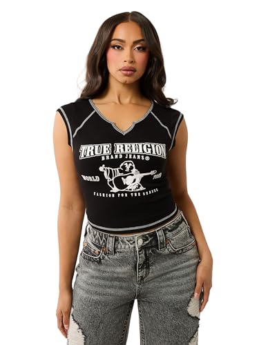 True Religion Women's SRS Contrast Stitch Rib Notched Tee | Womens Tops | T Shirts for Women | Graphic Tees for Women, Jet Black, X-Large