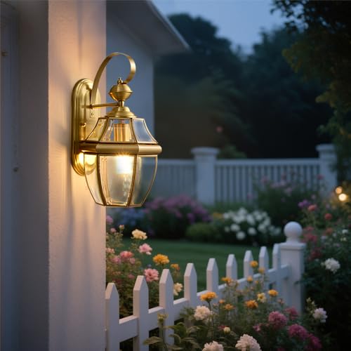 Image of Gold Sconce Courtyard Wall Lamp Outdoor Wall Lights Lantern, Dusk to Dawn Weather Resistant Exterior Lights for House Sconce, Waterproof Garage Lights with Clear Glass Shade