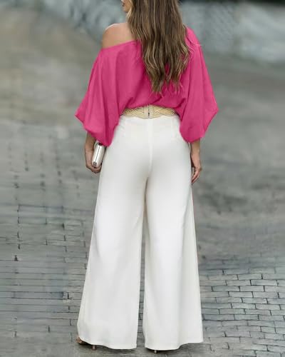 Image of CHICME Women Summer 2 Piece Outfits Off Shoulder Top Flowy Wide Leg Pants Set Vacation Travel Airport Outfits