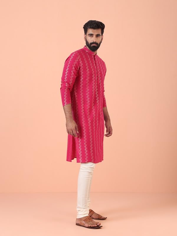 Kisah Mens Kurta|Cotton Fabric Self Design Pattern Mens Ethnic Wear|Regular Fit Mandarin Collar Long Sleeves, Hot Pink, 40