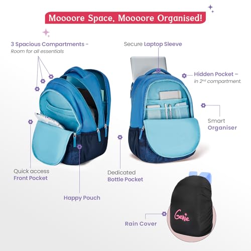 Image of Genie Backpack for Girls Laptop Sleeve, Three Compartments and Organiser with Padded Shoulders |Best for Books,Stationery,Lunch Box & Essentials