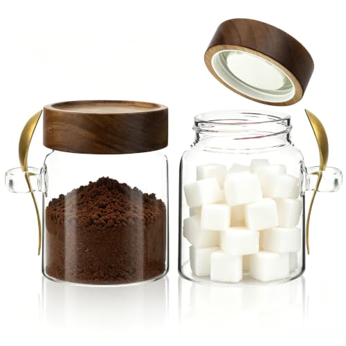 10 oz Glass Jars Set of 2, Spice Jar Round Storage Canister with Airtight Wooden Lid...