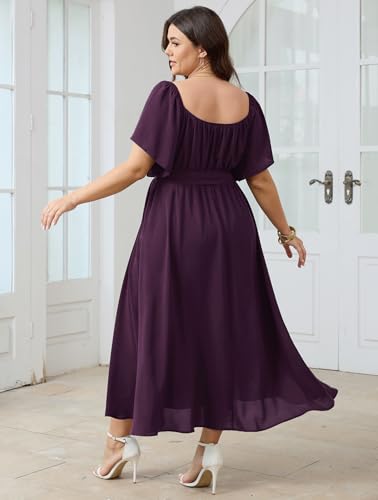 Image of SCOMCHIC Womens Plus Size Formal Dresses Off The Shoulder Wedding Guest Cocktail A-Line Split Maxi Dress with Pockets