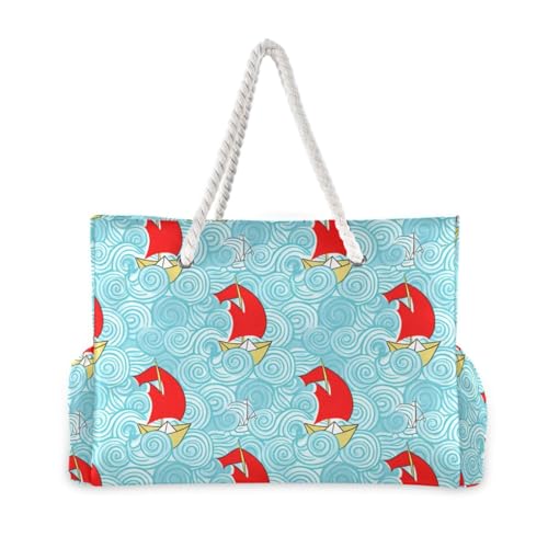Paper Boat Swirls Beach Tote Bag for Women Large Travel Tote Bags Waterproof Carry On Swim Pool Bag Beach Bags with Zipper for Grocery Vacation Essentials Yoga Nurse Gym2