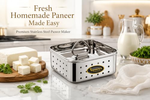 Image of Kanshita's Rasoiware Stainless Steel Paneer Maker Mould, 350ml, Square Paneer & Tofu Press with Lid, Whey Separator, Food Grade Cheese Making Container, 11.7 x 4.5 cm