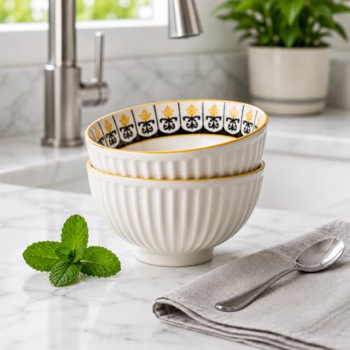 Image of Japanese Style Ceramic Bowl Set of 6 with Gift Box | 300ml Snack Dessert Soup Bowls, Ribbed White Bowls with Handcrafted Patterns, Microwave & Dishwasher Safe (Golden Eclipse)