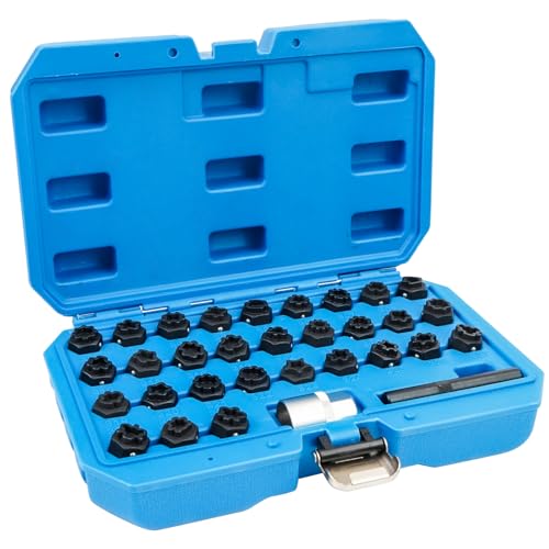 Image of BHB 32PCS Wheel Locking Nut Key Removal Tool Kit Wheel Anti-Theft Lock Lug Nut Screw Remover Set with Punch and 1 /2 Inch Driver Scoket Adaptor Compatible with Mercedes Benz