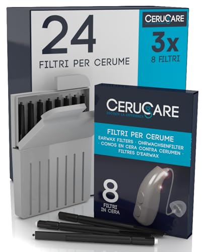 24 Filtros de Cera CeruCare para Audífonos Limpieza Rápida y Eficaz Protege los Audífonos de la Humedad y el Polvo con Estuche Rígido Resellable Diámetro 1,3mm