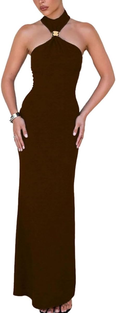 ABINGOO Women Sexy Halter High Neck Maxi Dress Sleeveless Back Slit Elegant Party Cocktail Wedding Guest Formal Long Dresses