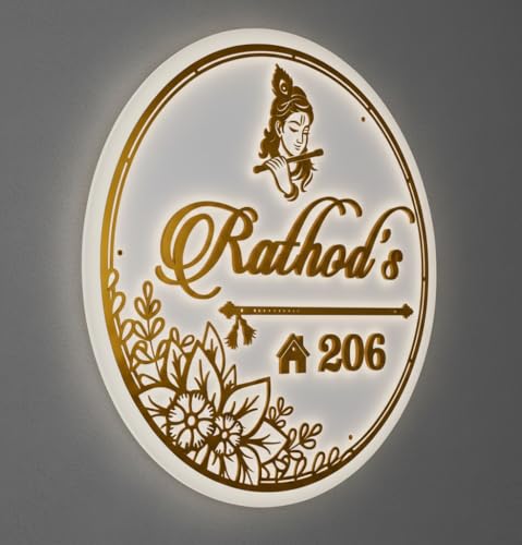 Image of Aarushi Creations Acrylic Personalized Home Door Name Plate - 3 Year Warranty - Acrylic Embossed Letters with Mirror Shine (Size 12x8 In White, Golden) 0319 (12x12 Round)