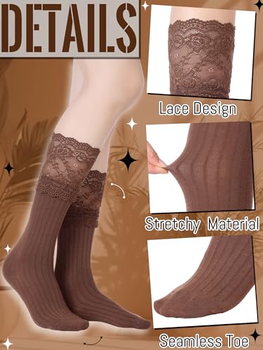 Image of Fourluoo 4 Pairs Women's Lace Socks Calf Stocking with Lace Trim Long Knee High Stockings Lolita Boot Socks