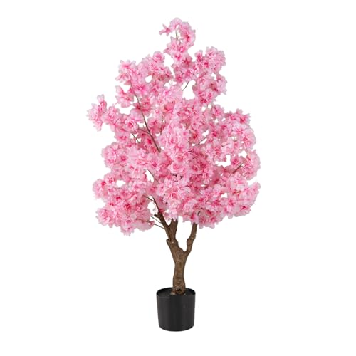 COSTWAY Plante Artificielle en Pot Remplies de Ciment 120CM, Fausse Cerisier avec 900 Fleurs Roses Tronc en Polyéthylène Multi-Branches, Décoration Moderne pour Salon Balcon Bureau