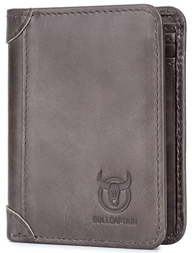 BULLCAPTAIN Genuine Leather Bifold Men Wallet RFID Blocking Credit Card Holder Minimalist Wallet with 2 ID Window (Dark Grey)