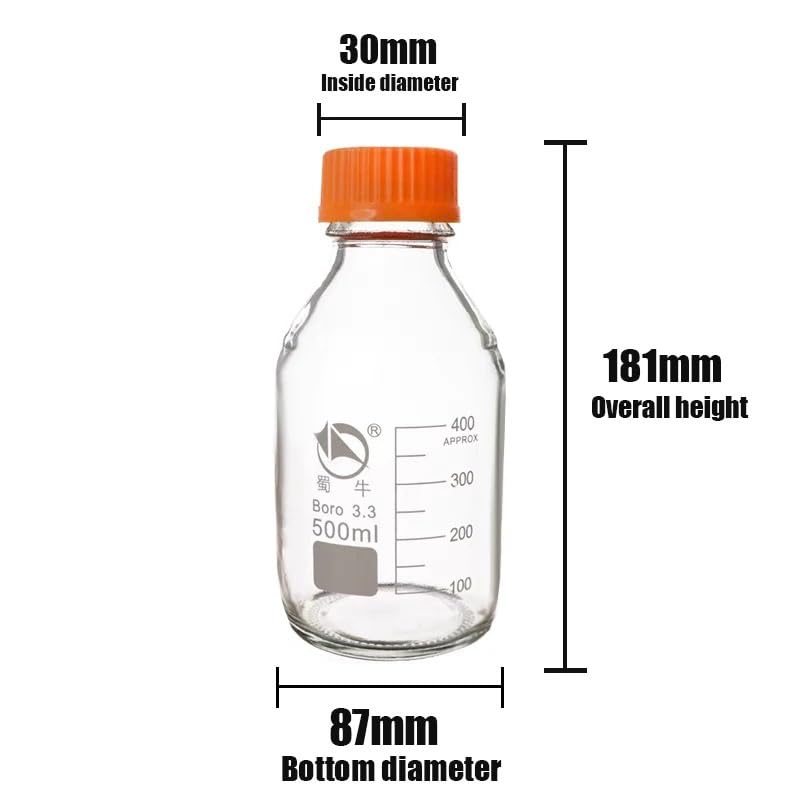 Frascos de reactivos de 100 ml/250 ml/500 ml. Material de laboratorio de química química transparente. Frasco de vidrio de borosilicato de alta calidad (250 ml).(500ml)