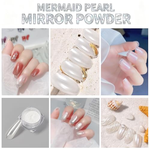 White Pearl Chrome Nail Powder,Iridescent Aurora Powder Metallic Mirror Effect Pearlescent Dip Powder Nail Kit, Gel Polish Nails Art Holographic Pigment, Nail Supplies Acrylic Resin Craft