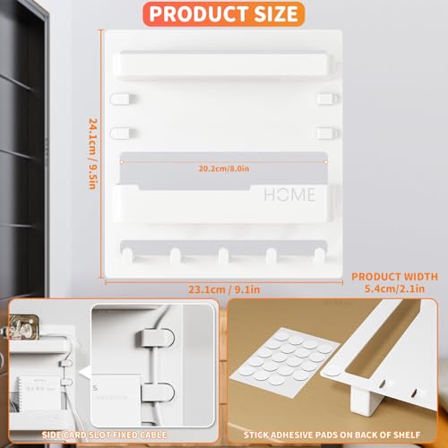 Adhesive Bedside Shelf Wall Mount with 5 Hooks and Cable Clips, Durable Plastic, Suitable for Bedroom, Bathroom, Toilet, Living Room, Storing Phone, Remote, Kindle, Keys (White) by YINGXUN - Image 2