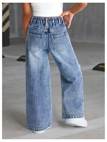 SHENHE Girl's Baggy Jeans Ripped Distressed Wide Leg Elastic Waist Kid Denim Pants with Pockets2