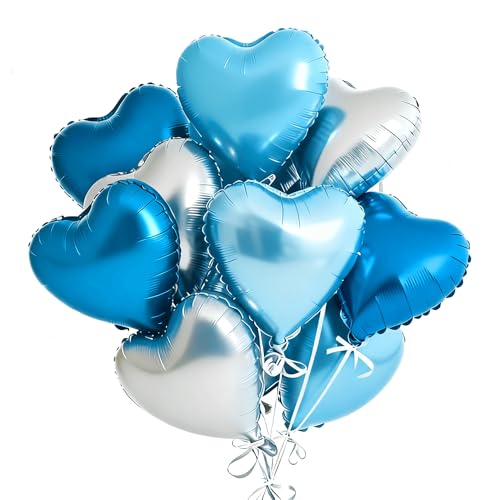 KALOR Blue and Silver Heart Balloons, 12Pcs 18 Inch Heart Shaped Foil Balloons for Valentines Day, Wedding, Bridal Shower and Birthday Party Decorations