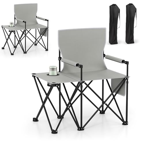 KOMFOTTEU Juego de 2 Sillas de Camping con Mesa Lateral, Sillas Plegables con Portavasos y Bolsas de Transporte, Silla de Pesca con Carga de 150 kg, para Playa, Porche, Viajes (Gris)