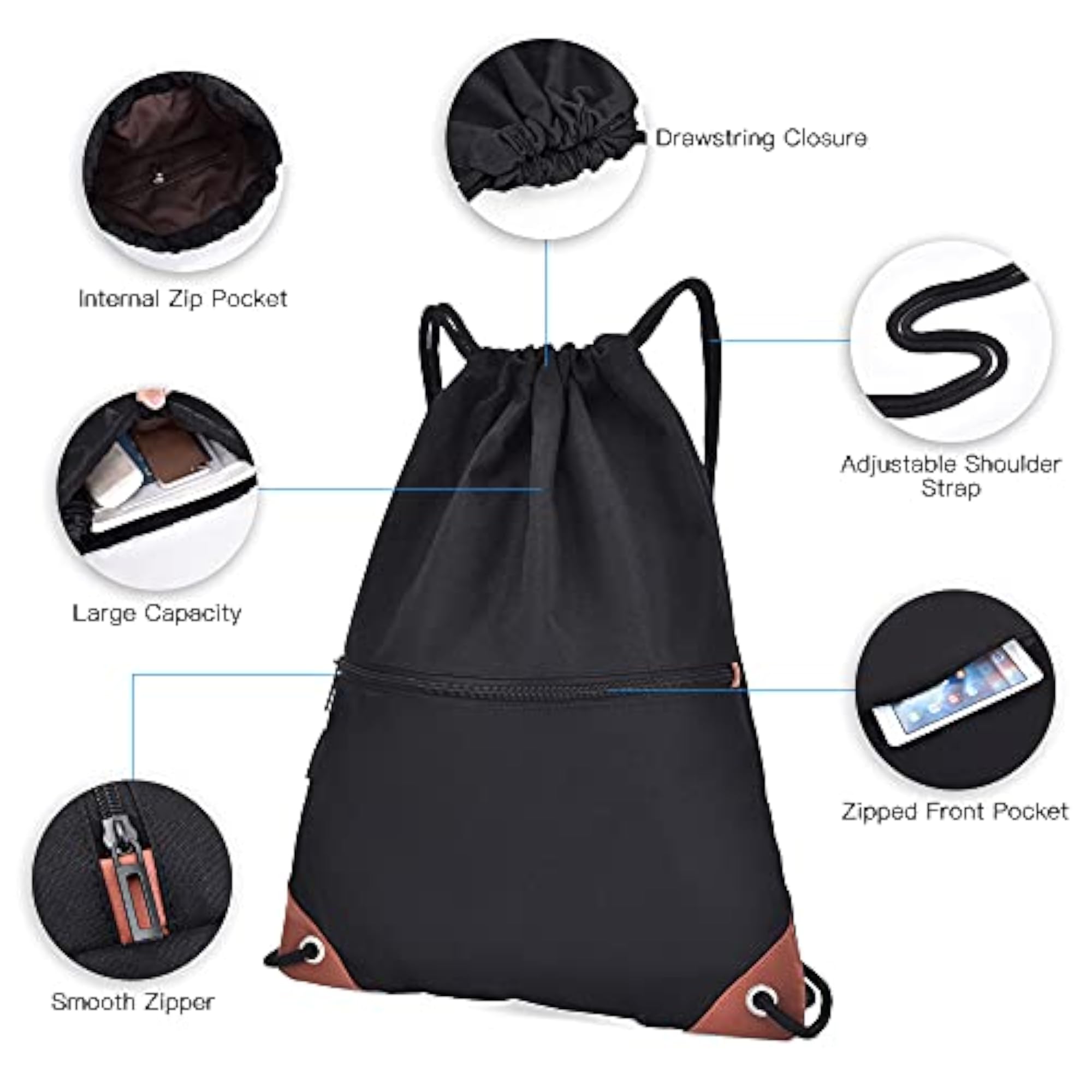 Water-Resistant Drawstring Backpack with Zipper Pockets