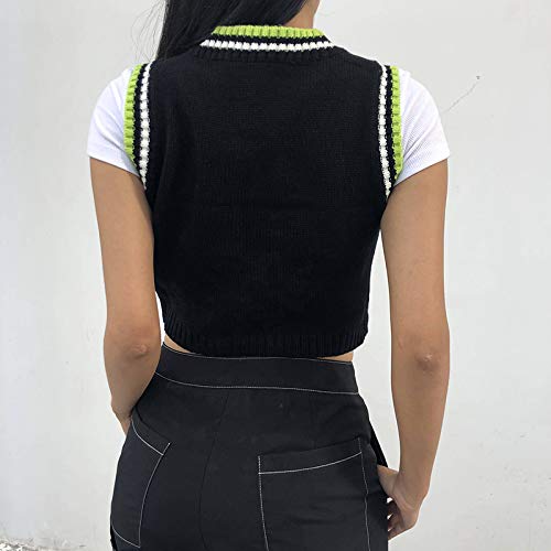 Suéter feminino Argyle de malha com gola V xadrez vintage urbano estilo preppy de malha cropped, Gre