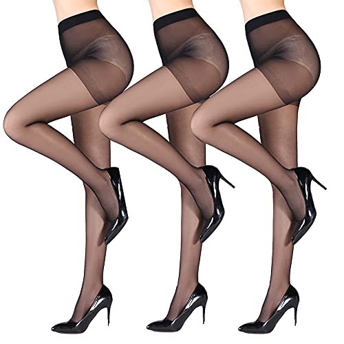 3 Pairs Women's Pantyhose with Control Top 20D Invisible Reinforced Toes