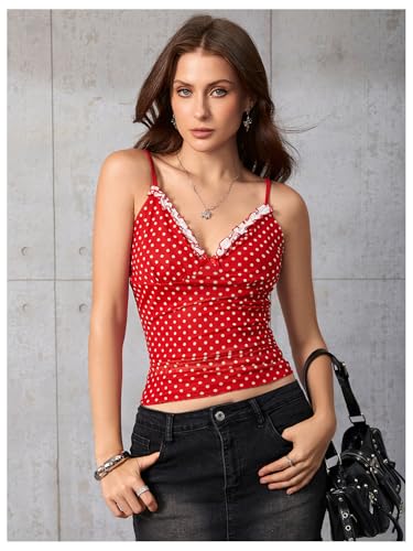 Women's Polka Dots Cami Tops Coquette Mesh Lace Trim V Neck Ruffle Hem Camisole Spaghetti Strap Y2k Tops3