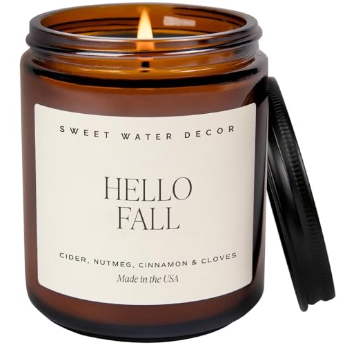 Sweet Water Decor Hello Fall Soy Candles – Fall Candle with Hot Cider, Cinnamon, Cloves, and Nutmeg Scent for Home – Soy Candle with 40 Hours Burn Time – 9Oz Black Lid Amber Jar Candles Fall Scents