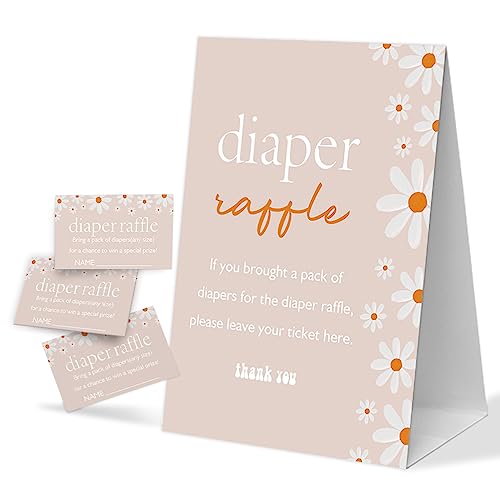 Diaper Raffle Baby Shower Game, 1 Sign and 50 Raffle Tickets, Little Daisy Baby Shower Decorations, Gender Reveal Games, Gender Neutral Party Favor and Supplies-B5