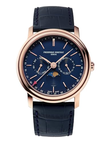 Frederique Constant Men's Swiss Made Classic Business Timer Moonphase Rose Gold Stainless Steel Case Watch, Blue Leather Strap, Style: FC-270N4P4