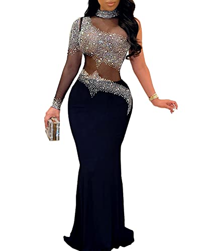 Porrcey Women's Sexy Hot Drilling Craft Dress Long Sleeve Bodycon Party Club Night Out Dress(K2225,Black,Xxl) #TOP12