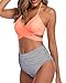Produktbild Aqua Eve Damen-Bikini-Set, hohe Taille, Neckholder, zweiteilig, Badeanzug, überkreuzt, Bauchkontrolle, Badeanzug mit Push-Up-Bademode, rosa Streifen, Large